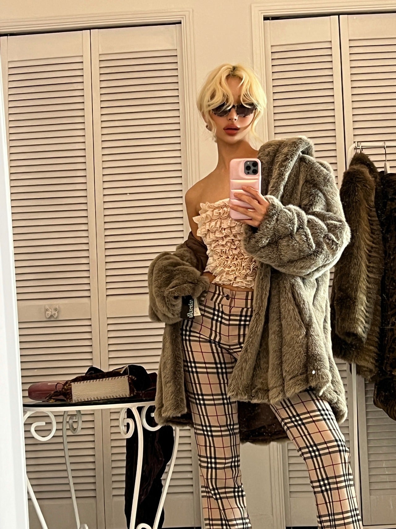 Luxury gray faux fur coat