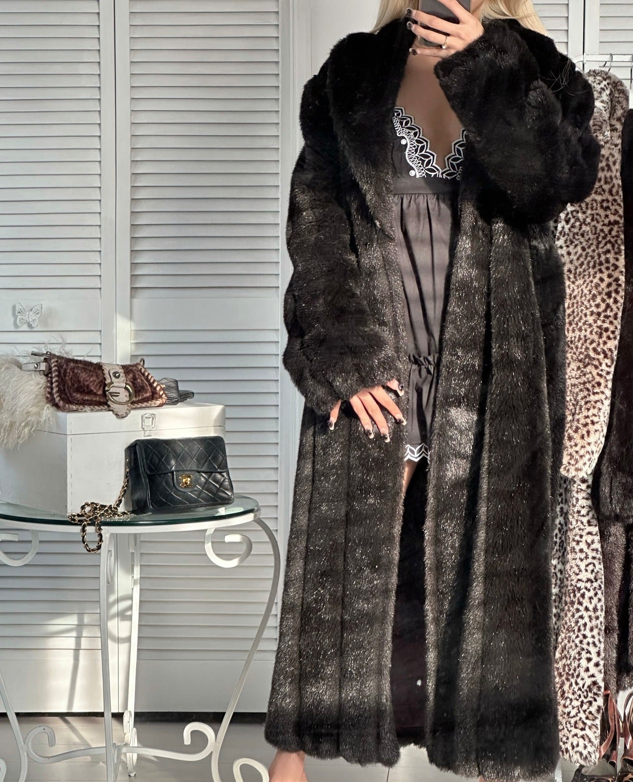Black bear long faux fur coat