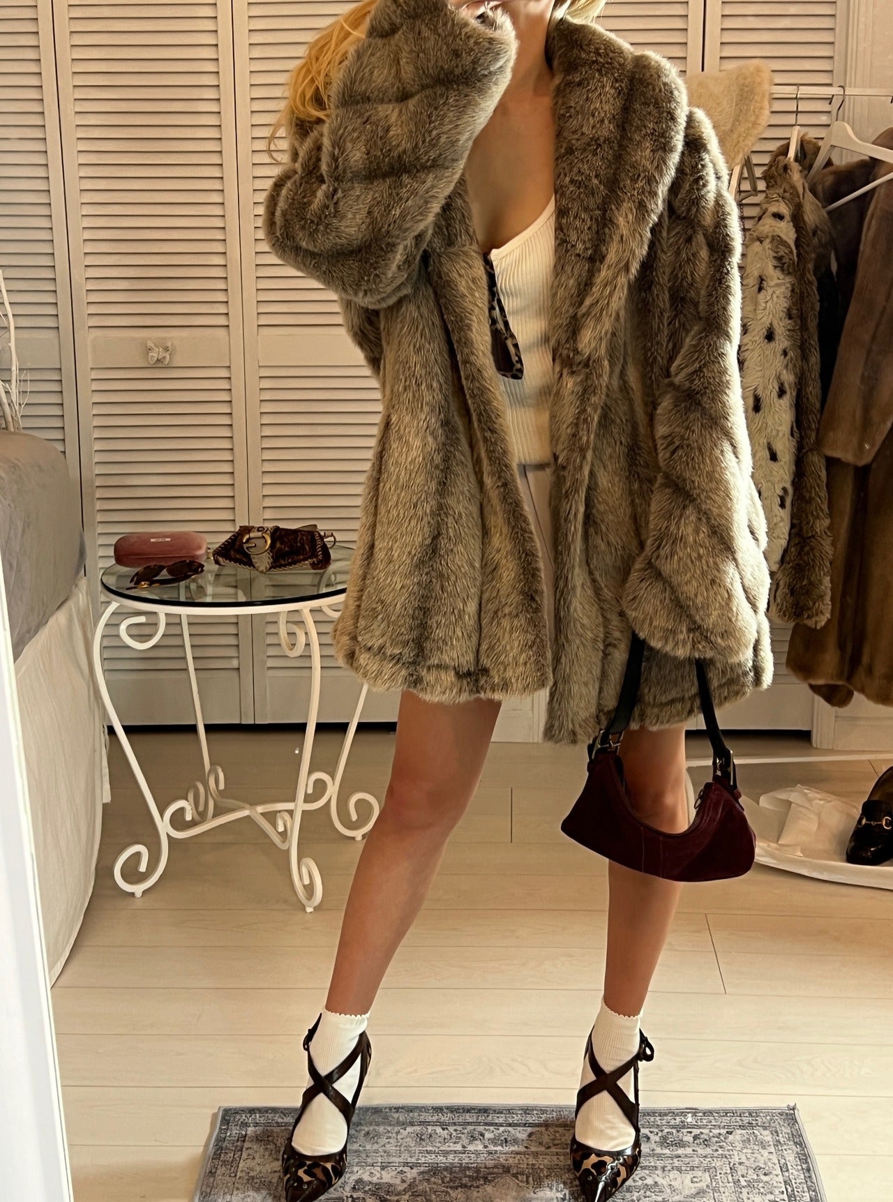 Luxury gray faux fur coat
